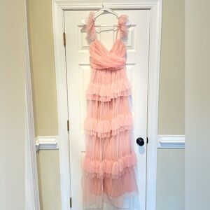 Lulus Pink Tiered Soft Tulle Prom Dress in Soft pink, size S.